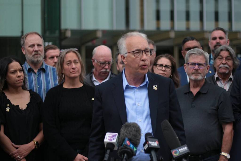 B.C. Conservative Leader John Rustad speaks to reporters in Surrey on June 25, 2025. (Lauren Collins/Black Press Media)