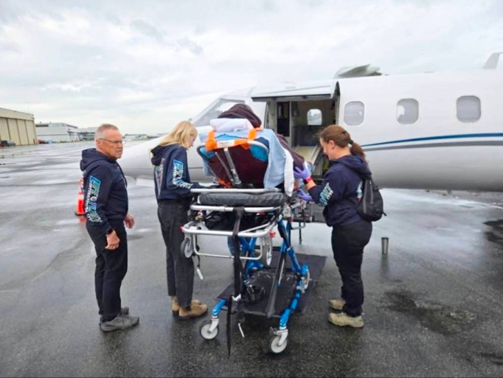 Life Flight International transports a patient in a Lear 36 plane. The medical transport company is now headquartered at Canadian Rockies International Airport near Cranbrook (Submitted)