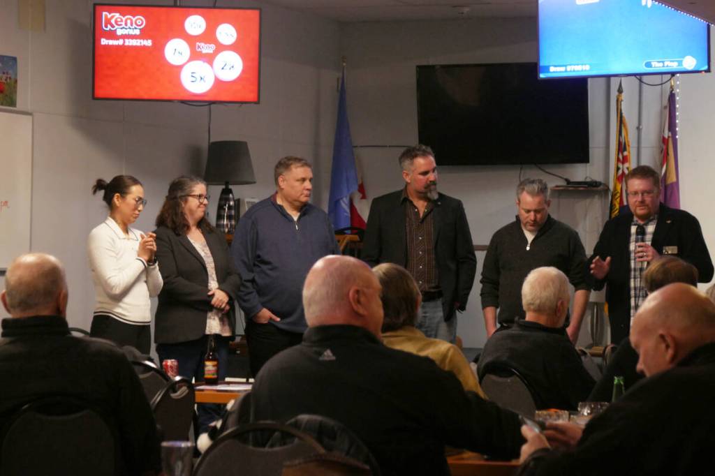 Columbia River-Revelstoke MLA Scott McInnis (back centre right) and interim party leader Trevor Halford (back middle right) with fellow BC Conservatives politicians at the Revelstoke Legion on Feb. 2, 2026. (Evert Lindquist/Revelstoke Review)