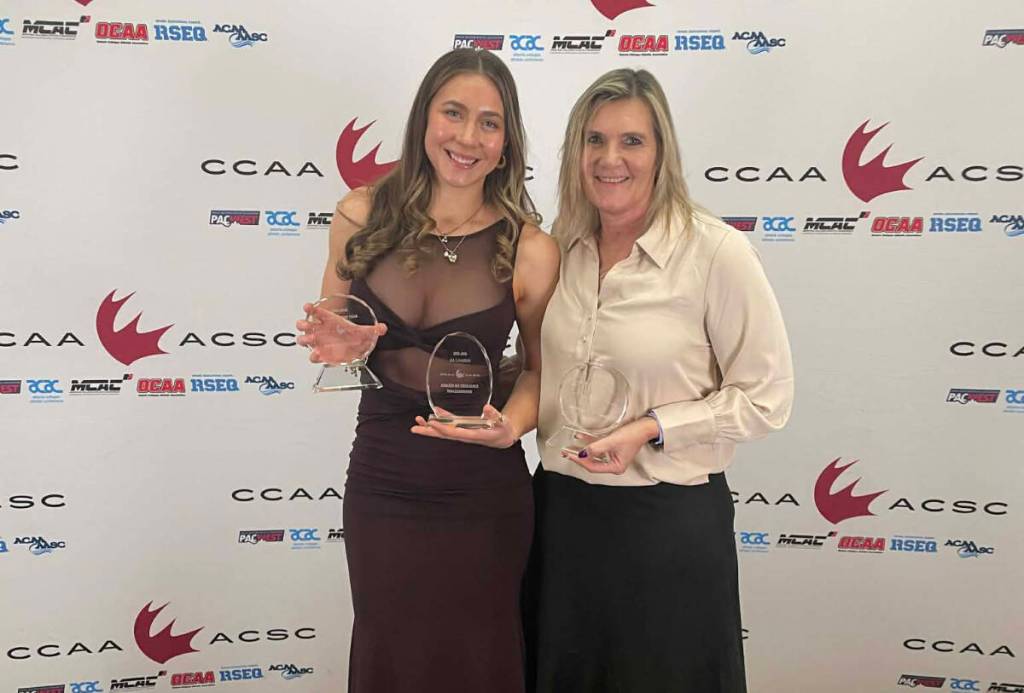 Kimberley&rsquo;s Abby Betker was named Player of the Year by both PACWEST and the CCAA. She&rsquo;s pictured here at the awards ceremony in Winnipeg with Capliano University Blues head coach Sue Soolsma, who was named PACWEST Coach of the Year. (Abby Betker/Submitted).