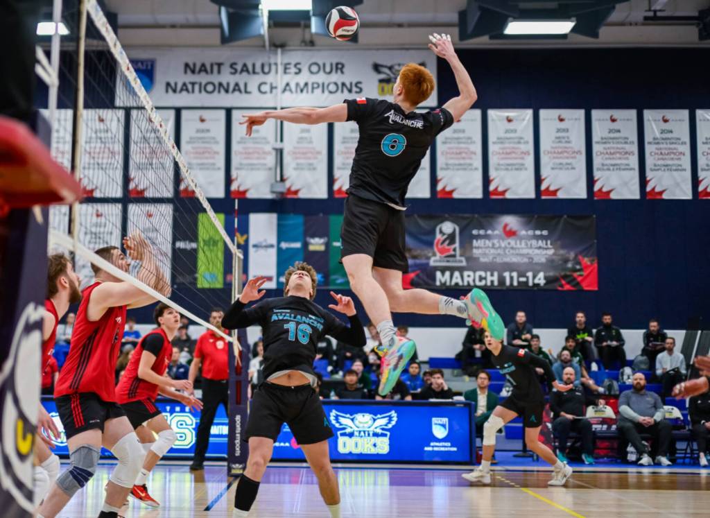 Julius Molnar of the College of the Rockies Avalanche goes up for the kill on a set from Boston Thiessen. The Avalanche defeated Titans de Limoilou 3-0, and will face Red Deer in the Gold Medal match. (Photo courtesy ccaa.ca)